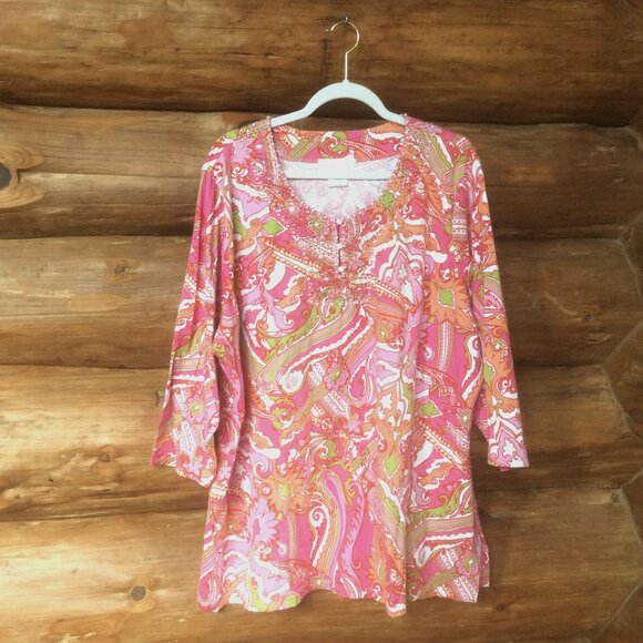 Soft Surroundings Paisley Pink/Orange Artsy Boho Tunic Beads/Pearls EUC Size 3X - Picture 1 of 5